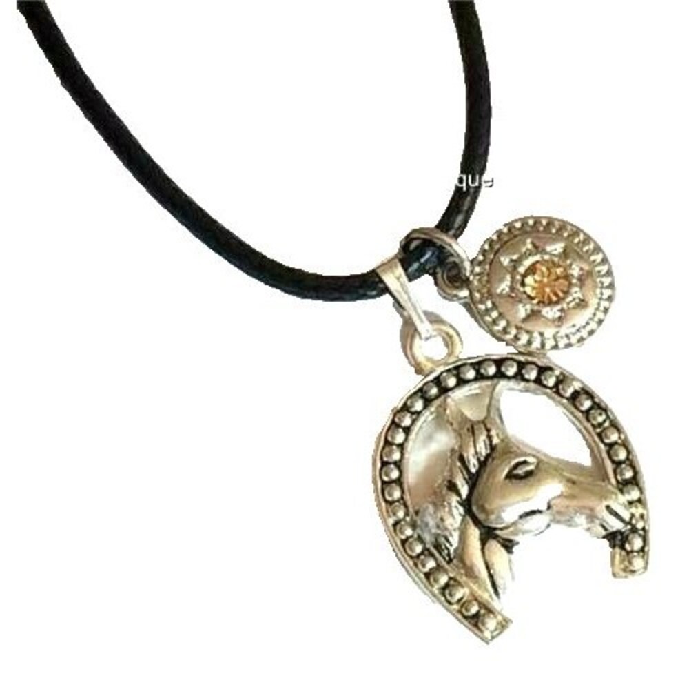 Silver Plated Horse Head Necklace Horseshoe Country Western Cowgirl Pendant 18"